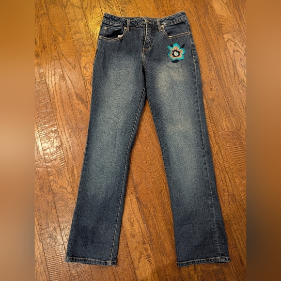 Y2K Santana Embroidered Flower Straight Leg Blue Jeans Size 28 - Picture 9 of 13